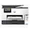 Ein weiß-grauer HP OfficeJet Pro Drucker mit Touchscreen und ausgedrucktem Blatt mit Diagrammen. Daneben ein Smartphone mit Druckvorschau.