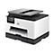 Ein weißer und schwarzer HP OfficeJet Pro Drucker, Ansicht von vorne und von oben. Auf dem Display sind Bedienfelder dargestellt.