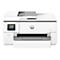 Ein weißer HP OfficeJet Pro Drucker vor weißem Hintergrund. Auf dem Gerät ist ein Touchscreen mit Funktionen wie Scannen, Drucken und Kopieren zu sehen.