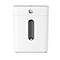 White paper shredder with HP logo. Window for fill level indicator. Rectangular shape.
