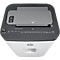 White and dark grey paper shredder with a top-loading input slot, HP logo, and control panel with indicator lights.
