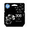 Schwarze HP Tintenpatronen-Verpackung, Modell 308, mit Blumenmotiv und blauem HP-Logo.