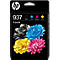 HP 937 4-Pack Tintenpatronen-Verpackung mit Blumenmotiven in Schwarz, Cyan, Magenta und Gelb.