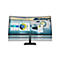 HP Curved-Monitor vor weißem Hintergrund mit Visualisierungen zur Höhenverstellbarkeit und Arbeitsstatistiken auf dem Display.