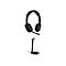 Schwarzes HP Headset mit Mikrofonarm und passender Ladestation vor weißem Hintergrund.