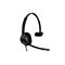 Schwarzes Headset auf weißem Hintergrund. Es hat einen Bügel, einen Lautsprecher, ein Mikrofon und das Logo der Marke.
