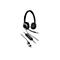 Schwarzes Headset mit Mikrofon und Kabel, das an eine USB-Schnittstelle angeschlossen ist. Auf dem Headset ist das HP-Logo zu sehen.