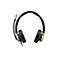 Schwarzes On-Ear-Headset mit Bügelmikrofon und goldenen Akzenten vor weißem Hintergrund.