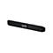 Ein schwarzes Soundbar mit integrierter Kamera und Mikrofon vor weißem Hintergrund. Das Gerät hat ein graues Lautsprechergitter und ein weißes Oberteil.