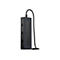 Schwarzer USB-C-Hub mit mehreren Anschlüssen. Das Gerät hat ein abgerundetes Rechteckdesign und ein schwarzes Kabel mit USB-C-Anschluss.