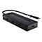 Schwarzer USB-C-Hub mit HP-Logo, mehreren AnschlÃ¼ssen, und fest integriertem Kabel.