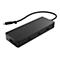 Schwarzer USB-C Hub mit verschiedenen Anschlüssen und einem angeschlossenen Kabel.