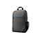 Ein grauer HP-Rucksack vor weißem Hintergrund. Er hat einen schwarzen Griff, eine blaue Reißverschlusslinie und ein HP-Logo.