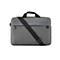 Graue HP-Laptoptasche, Schulterriemen und Handgriff. Blauer Reißverschluss und HP-Logo.