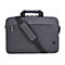 Dunkelgraue Laptoptasche mit Griffen, Reißverschluss und Schulterriemen, auf weißem Hintergrund. Ein HP-Logo ist auf der Vorderseite zu sehen.