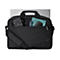 Schwarze Laptoptasche mit Zubehör: Notebook, Maus, Notizbuch, Ladegerät.