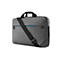 Graue Laptoptasche mit Tragegriff und Schultergurt. Blaue Reißverschlussdetails und HP Logo.