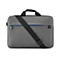 Graue Laptoptasche mit schwarzem Trageriemen. Blaue Reißverschlussnaht. HP Logo.