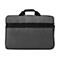 Graue Laptoptasche mit Henkel und schwarzem Gurt. Auf weißem Hintergrund.