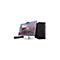 Ein Computer-Setup mit Monitor, Lautsprecher und Tower-PC. Auf dem Monitor ist der Schriftzug "WORKSPACE PROGRESS" zu sehen.