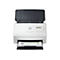 Ein weißer HP-Scanner, der geöffnet ist und ein Dokument scannt. Oben steht das HP-Logo und der Name des Scanners.