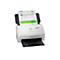 Ein weißer HP ScanJet Enterprise Flow 5000 s5 Scanner mit einem offenen Deckel, in dem ein weißes Papier mit einer Rechnung liegt.