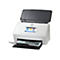 Weißer HP-Scanner mit offenem Deckel. Ein Blatt mit Diagrammen liegt im Ausgabefach. Auf dem Display: Optionen für Computer, E-Mail und Netzwerk.