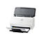 Weißer HP Scanjet Pro 3000 s4 Scanner mit offenem Deckel, ein Blatt wird eingezogen.