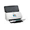 Weißer HP Scanner mit geöffnetem Deckel. Auf dem Display sind Optionen zu sehen, darunter „An Computer“, „E-Mail“, und „Netzwerk-Ordner“. Ein Blatt Papier wird vom Scanner ausgegeben.