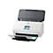 Weißer HP Scanner mit geöffnetem Deckel. Ein Blatt Papier liegt im Ausgabefach. Auf dem Display sind Optionen wie "Computer", "E-Mail" und "Netzwerk-Ordner" zu sehen.
