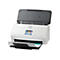 Weißer HP Scanner mit geöffnetem Deckel, Papierausgabe und Bedienfeld. Auf dem Display werden Optionen angezeigt. Auf dem Scanner steht "ScanJet Pro N4000 snw1".
