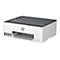 Ein weißer HP Smart Tank 5105 Drucker mit grauem Deckel und Farbtankstellen.