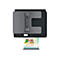 Draufsicht auf einen grauen HP Smart Tank Plus 655 Drucker. Auf einem gedruckten Blatt sind Gummistiefel abgebildet. Auf dem Display stehen Datum und Uhrzeit.