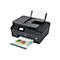 Schwarzer HP-Drucker mit ausgedruckten bunten Seiten. Auf dem Display sind Optionen und das HP-Logo zu sehen.