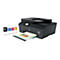 Ein schwarzer HP Smart Tank Plus 655 Drucker druckt ein farbiges Dokument aus. Dazu 4 Tintenflaschen.