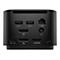 Rückseite einer schwarzen Dockingstation mit Anschlüssen: USB, HDMI, Ethernet und Stromanschluss.