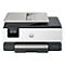 HP OfficeJet Pro Drucker in Weiß und Grau mit Touchscreen-Display vor neutralem Hintergrund.