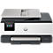 HP OfficeJet Pro Drucker mit weißer Front und dunklem Gehäuse, zentralem HP-Logo und Touchscreen.