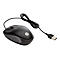 Schwarze HP-Maus mit Kabel, Scrollrad und USB-Stecker. HP-Logo auf der Oberfläche.
