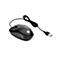 Schwarze HP-Maus mit Kabel und USB-Anschluss. Das HP-Logo ist auf der Maus zu sehen.