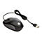 Schwarze HP-Maus mit Kabel und USB-Anschluss, Detailaufnahme.