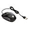 Schwarze HP-Maus mit Kabel und USB-Anschluss. Die Maus hat ein Scrollrad und das HP-Logo.