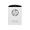 Une clé USB HP argentée avec le logo HP et l'inscription 64 Go. Le dessus est noir.