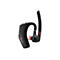 Schwarzes Bluetooth-Headset mit orangefarbenen Akzenten. Es hat ein Mikrofon, einen Knopf und das Poly-Logo.