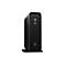 Schwarzer HP Mini-PC, Frontansicht. Gerasterte Oberfläche mit Logo, auf schwarzem Ständer. Strom- und Statusanzeige vorhanden.