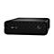 Schwarzer Mini-PC. Gittermuster, Logo, Power-Taste, abgerundete Ecken.
