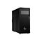 Schwarzer Computer-Tower mit Lochmuster, HP-Logo. Seitlich USB-Anschlüsse und Ein-/Ausschalter.