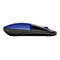 Seitliche Ansicht einer modernen, flachen Computermaus in Blau und Schwarz mit glänzendem Finish.