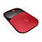 Drahtlose Computermaus von HP. Oberseite schwarz, rot, HP-Logo. Rolltaste rot.