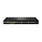 Schwarzer Netzwerk-Switch mit Ports und Beschriftungen, Logo HPE Aruba Networking. Zahlreiche Anschlüsse und Anzeigen auf der Frontseite.